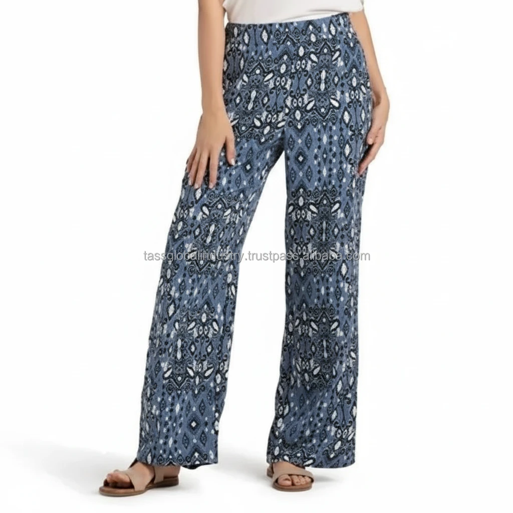 Summer Fashion Women's Vintage Floral Print Spandex/Polyester High Waist Lightweight Loose Flare Full Length Drawstring Pants