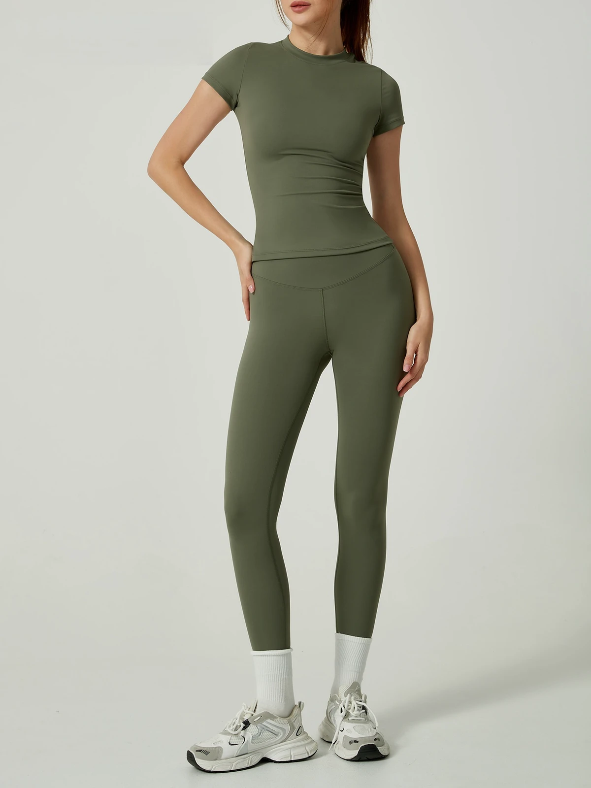 2025 Women's Sports Gym Set Breathable Quick Dry Yoga T-shirts High Waist Control Leggings Slim Fit Solid Active Workout