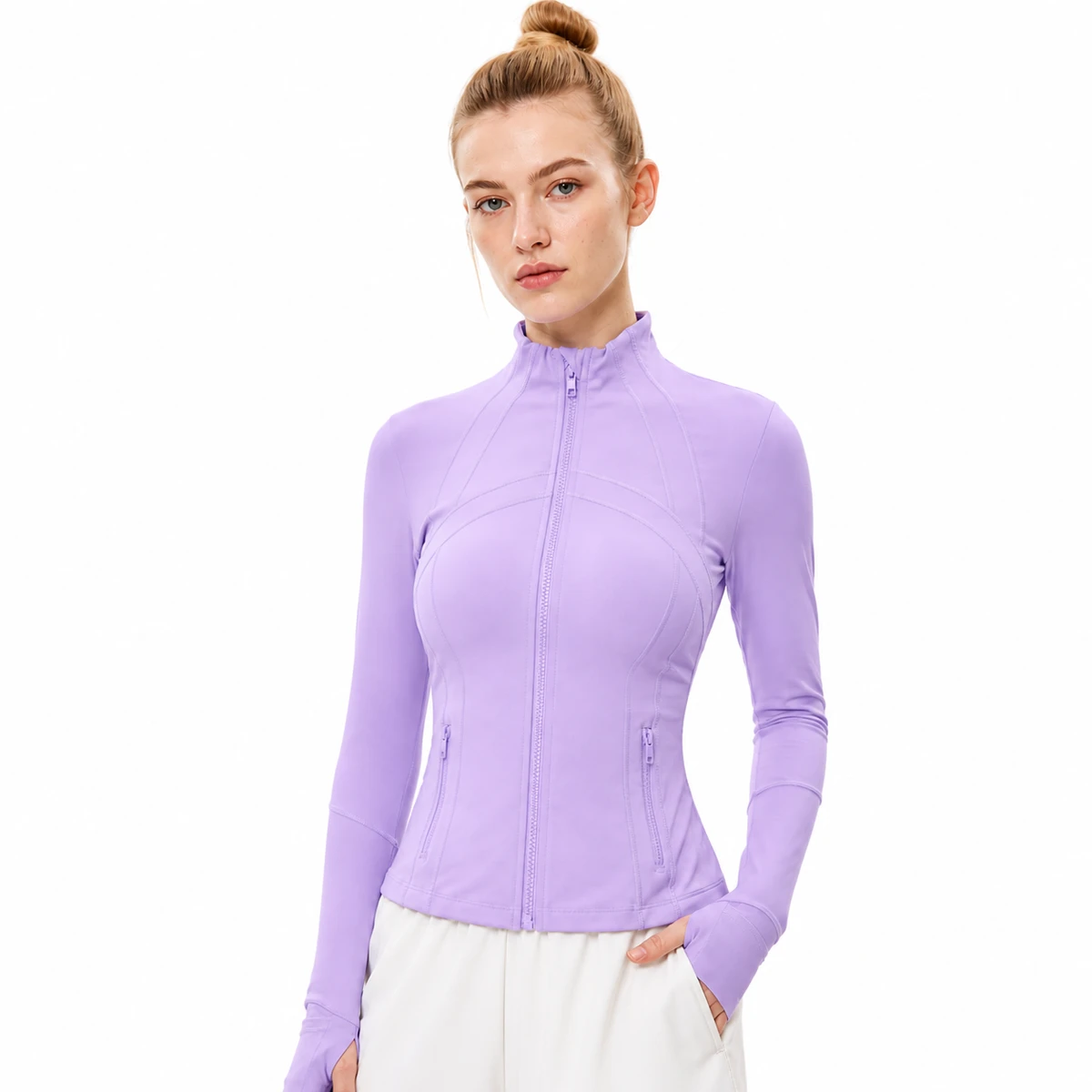 Wholesale OEM ODM Custom Yoga Jacket 80% Nylon 20% Spandex 230gsm Lavender Full-Zip Thumbhole Slim Fit Fitness & Yoga Top Wear