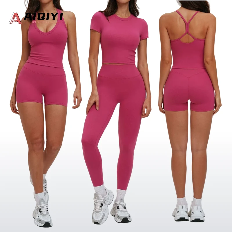 5087 Solid Spandex/Nylon Yoga Suit High Waist V-neck Sweat-Wicking Outdoor Running Sports 2-Piece Set