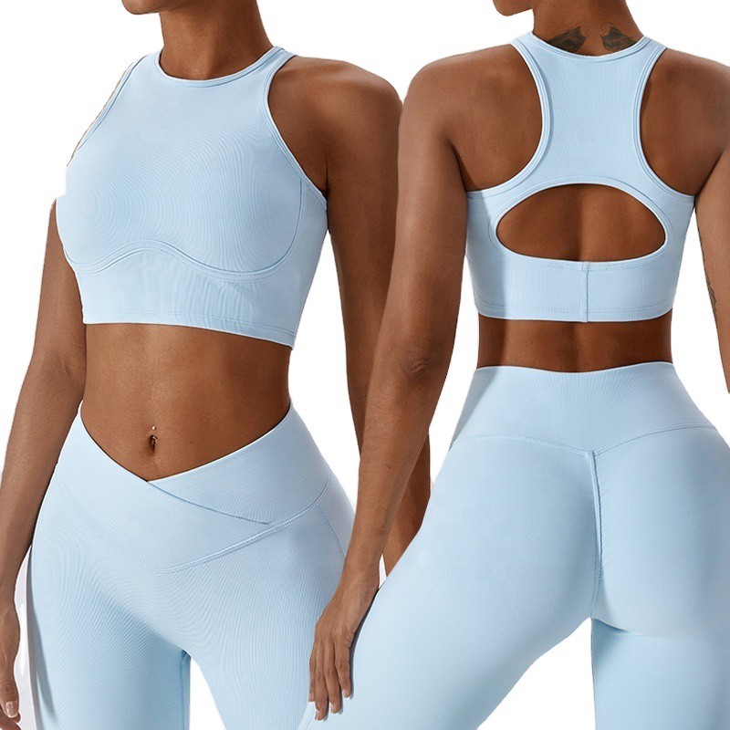 High Strength Shock Absorbing Tight Fitness Sports Vest Screw Thread Hollowing Out Beautiful Back Round Neck Yoga Bra