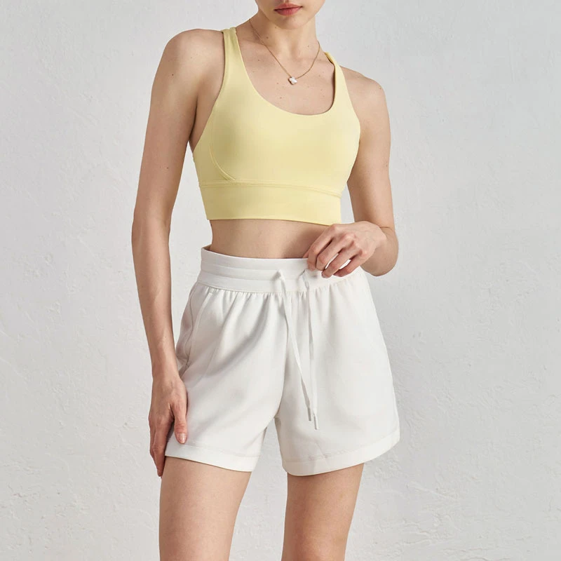 Women's High Waist Gym Fitness Sweat Shorts With Drawstrings Athletic Running Sports Workout Yoga Shorts With 2 Side Pockets