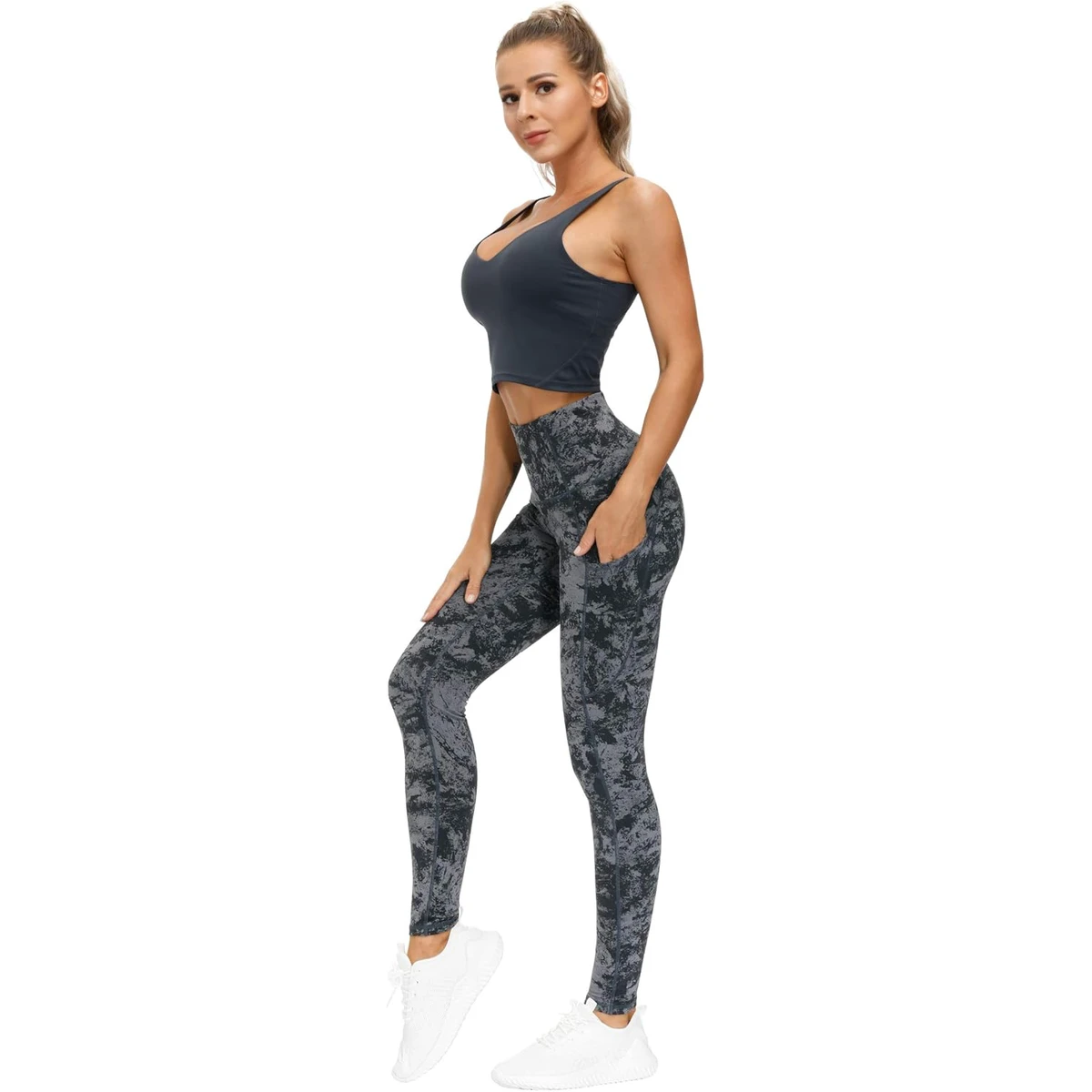 High Waist Yoga Leggings Full Length Print Pattern Spandex Polyester Four-Way Stretch With Pockets Contrast Stitch Design