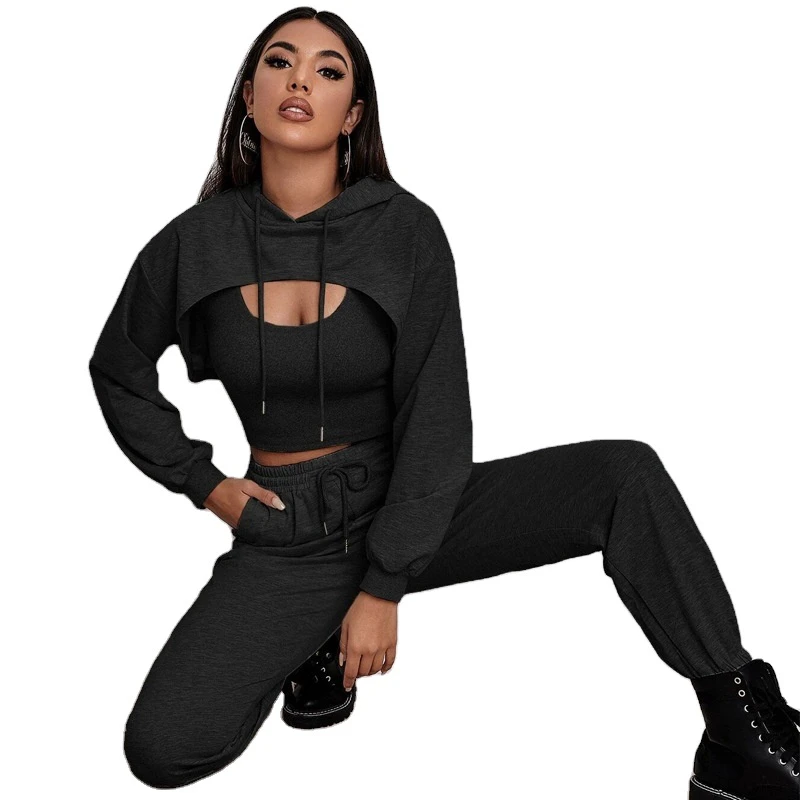 Spring Women Clothing Women Sportswear Yoga 3 Pieces Workout Running Wear Fitness High Waisted Legging Hoodies Sets Sports