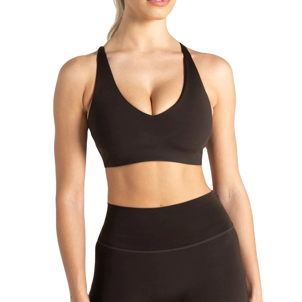 Women Seamless Deep V Neck Cross Back Sports Bra Adjustable Strap Medium Support Gym Fitness OEM ODM Custom Logo Front Wholesale