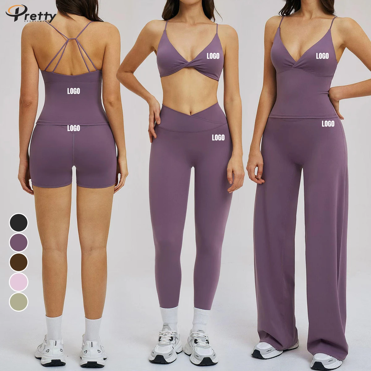 Custom Women Yoga Set High Quality 5 Piece Gym Set Quick Drying Sports Fitness Top Leggings Solid Color Running Workout
