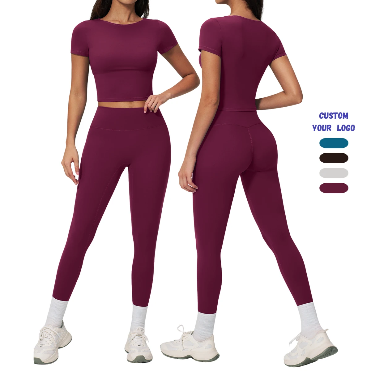 Women High Stretch Yoga Set Breathable Crop T Shirt and High Waist Tight Fitness Leggings Outfit