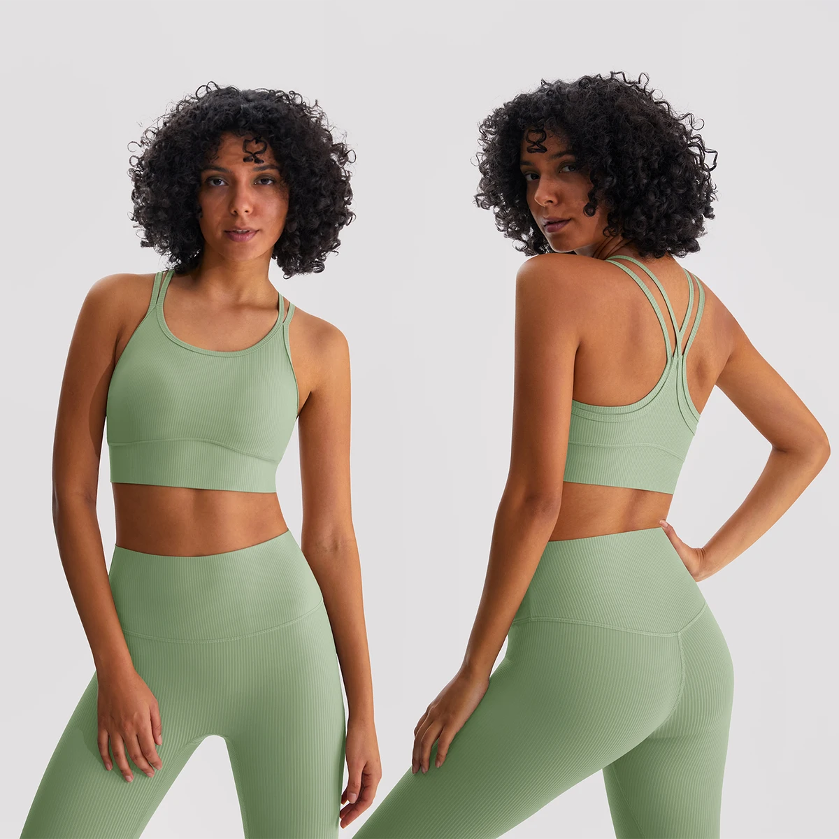 Women's High Support 2-in-1 Sports Bra - Ribbed Yoga Bra with Built-In Fixed Pads, Memory-Stretch Band for Running & Training