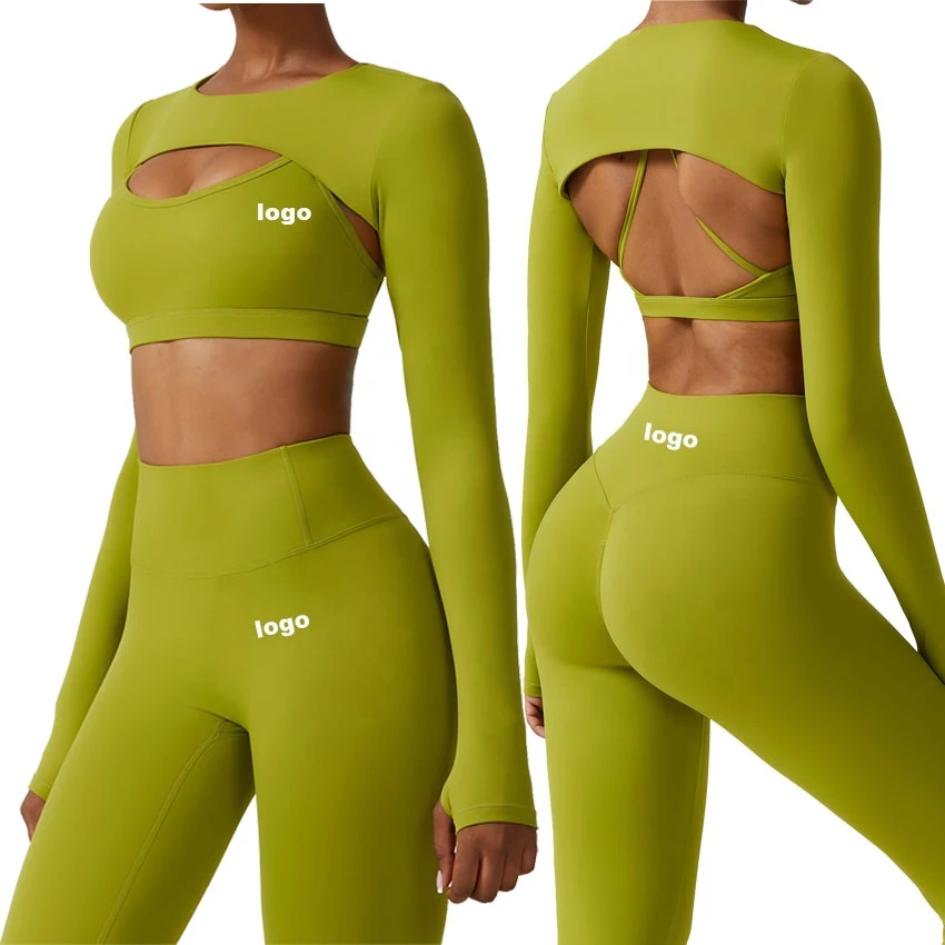 2026 Crop Top 3 Piece Set Customized Yoga Sets Fitness Blue High Quality Beauty Back Bra Legging Suit