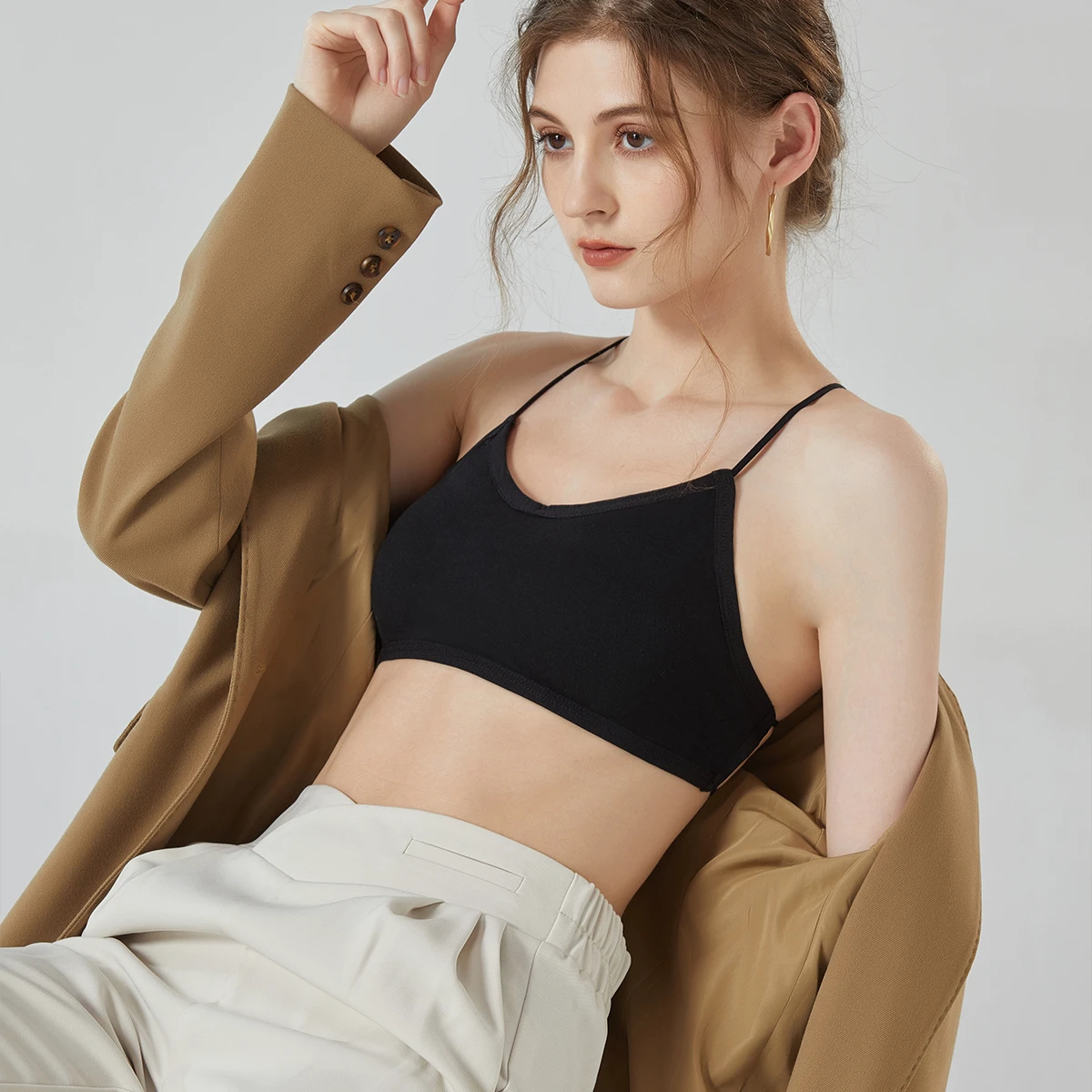 Women Breathable Wireless Push-Up Bralette Backless Criss-Cross Back Vest Style Camisole Spaghetti Straps Cotton T-shirt Knitted