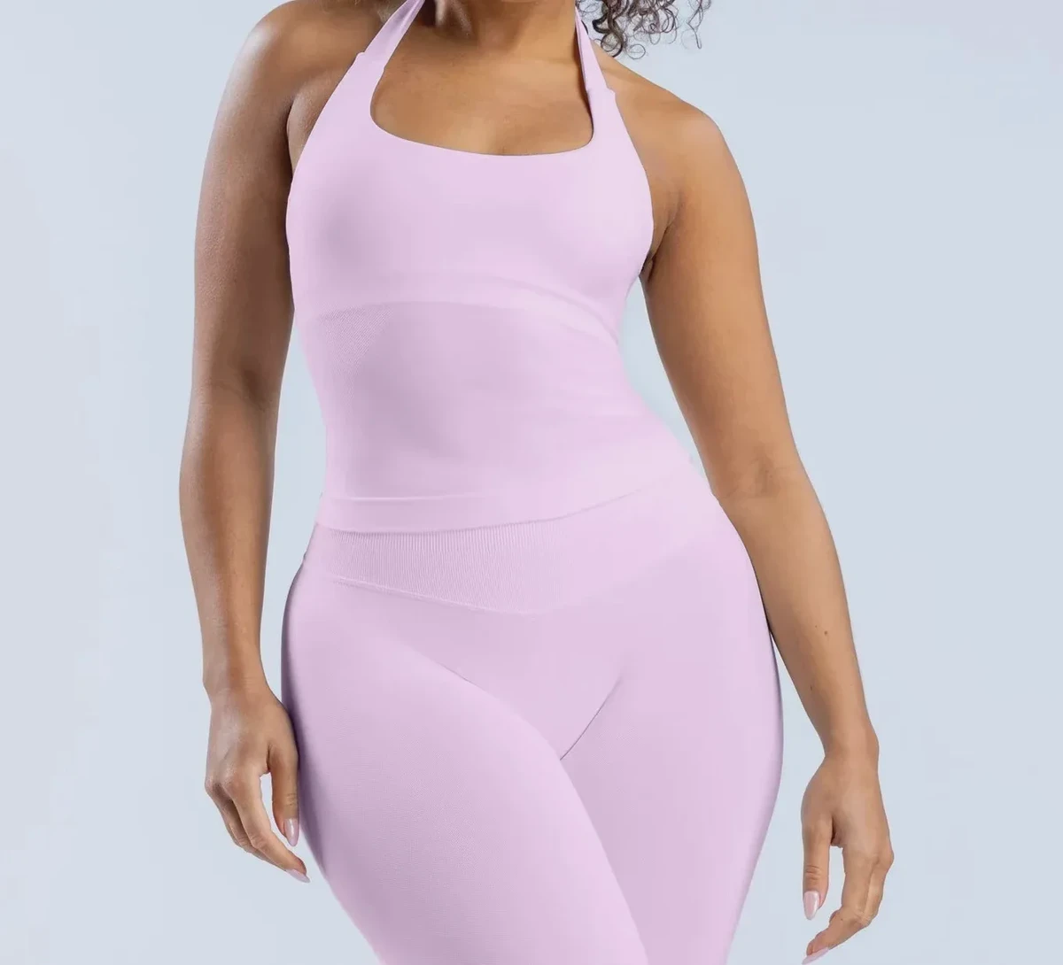 Women's 2 Piece Seamless Yoga Set, Backless Halter Top High Waist High Stretch Shorts, Gym Workout Activewear Sportswear