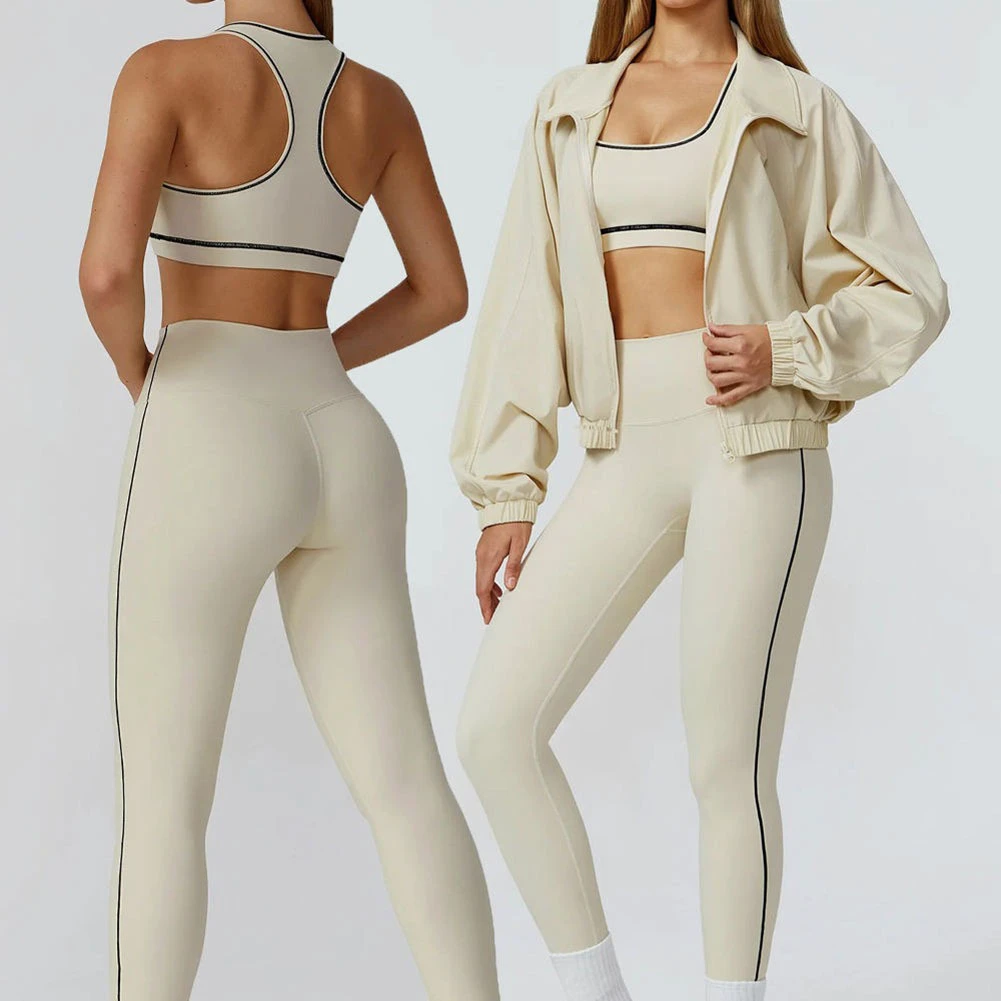Women 3-Piece Solid Yoga Set High Waist Leggings Sports Bra Long Sleeve Jacket Fitness Clothes Activewear Tracksuit Gym Training