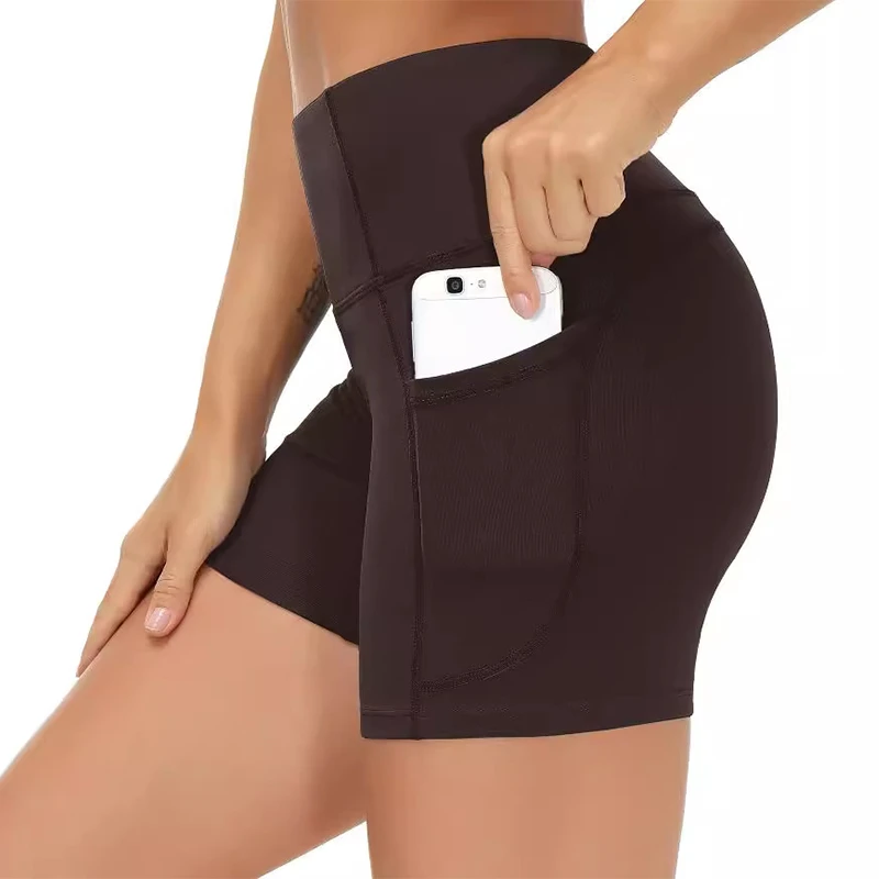 Women High Waist Fitted Breathable Polyester Yoga Shorts Elastic 2 Side Pockets Tummy Control Solid Color Multi-colors Running