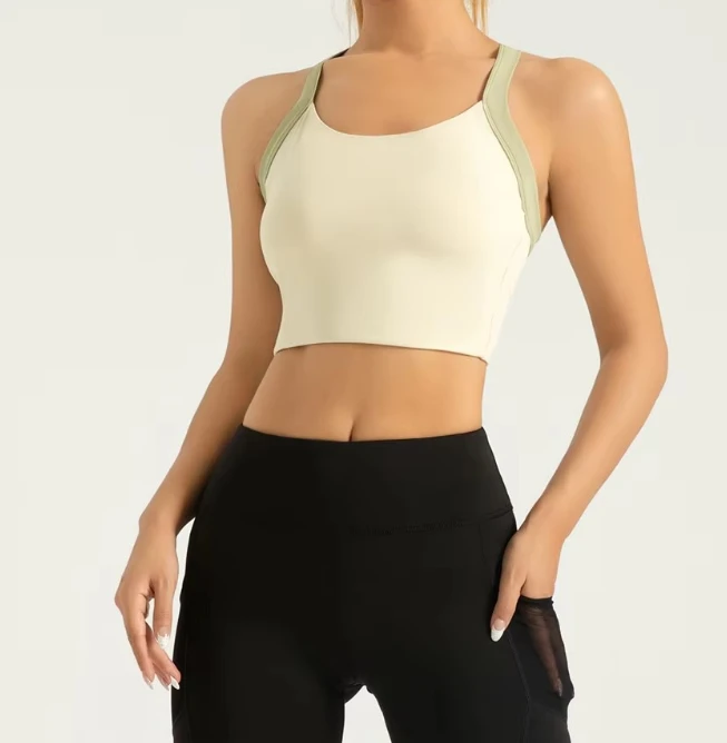 Custom Logo Contrast Color Block Breathable Longline Adjustable Strap Cross Back Workout Yoga Gym Sports Bra for Women