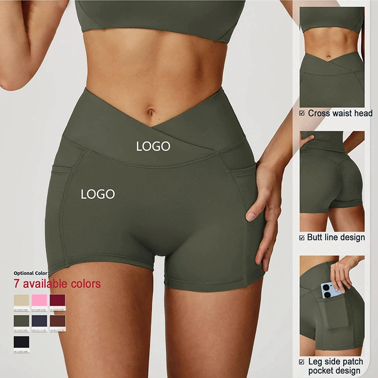 Custom Logo Yoga Shorts Women High Waist Cross Waistband Scrunch Butt Side Pockets Quick Dry Naked Feel Tummy Control Gym Shorts