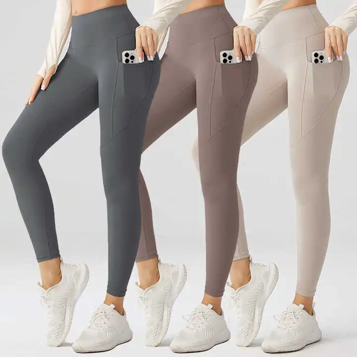 High Waist Tummy Control Breathable Knitted Exercise Leggings Fitness Buttery Soft Fabric Custom Logo Pockets Size XL XXL