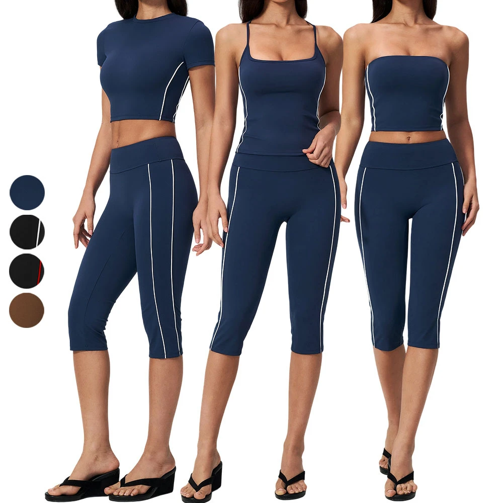 Women 3 in 1 Yoga Set Capri Leggings Side Stripe Crop Top Tank Tube Top High Waist Gym Fitness Wear Summer Breathable