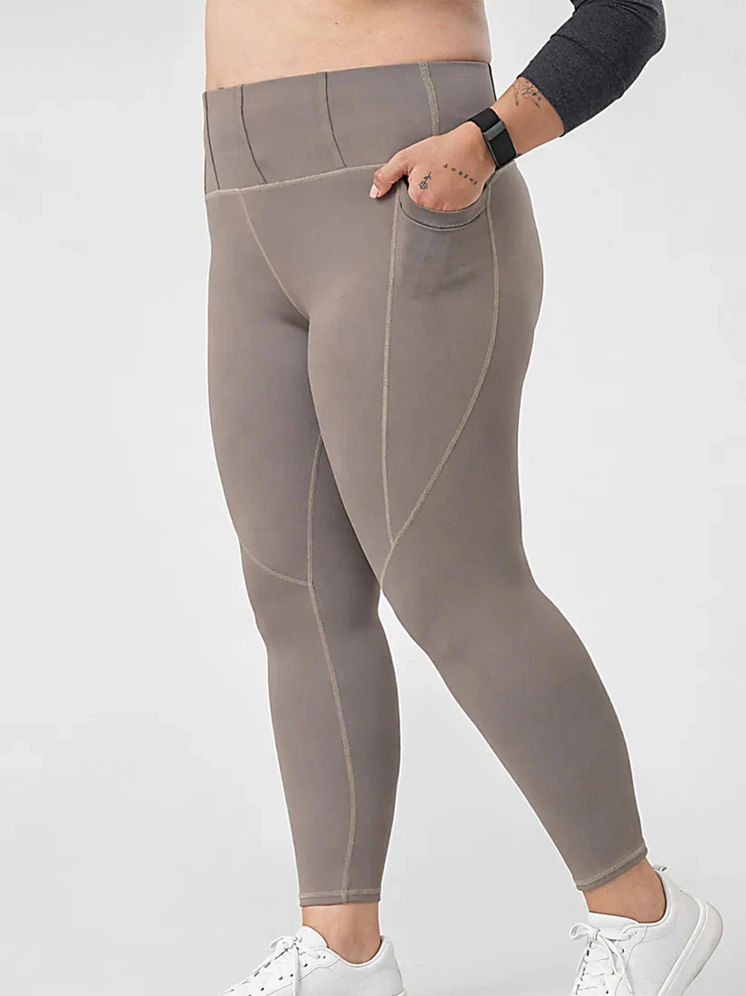 High Waist Plus Size Yoga Leggings Full Length With Pockets Contrast Stitch Solid Color Spandex Nylon Pants