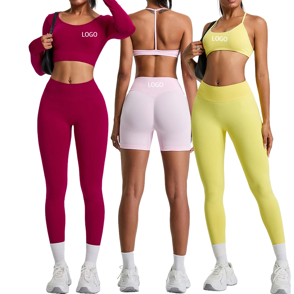 Women's Elastic Waist 4-Piece Fitness Set Seamless Bra Breathable Leggings Long Sleeve Top Solid Color Yoga Wear Front