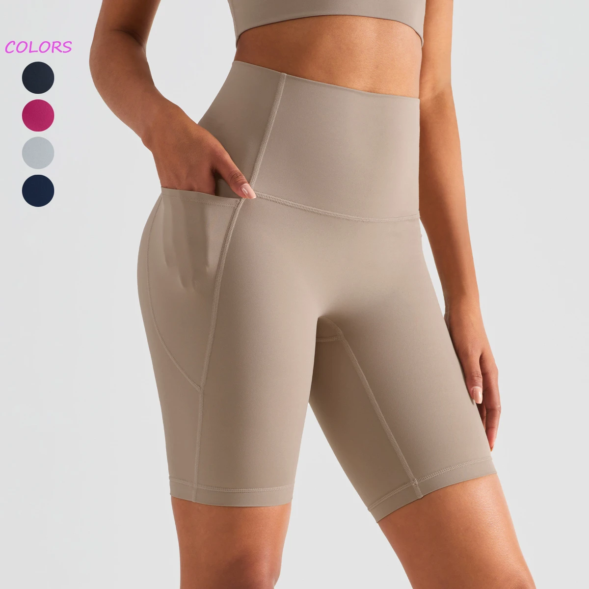 Women High Waist Tummy Control No Front Seam Gym Running Shorts Compression Stretchy Exercise Biker Yoga Shorts With Pocket