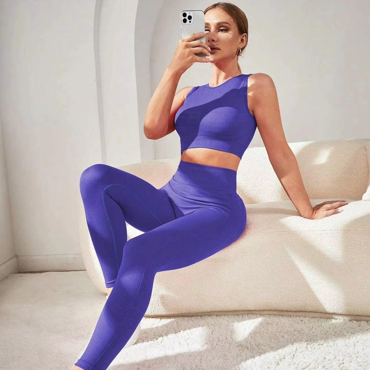 Women's 2-Piece Breathable Fitness Gym Set Solid High Elastic Waist Ribbed One Shoulder Sports Bra Yoga Shorts Front OEM