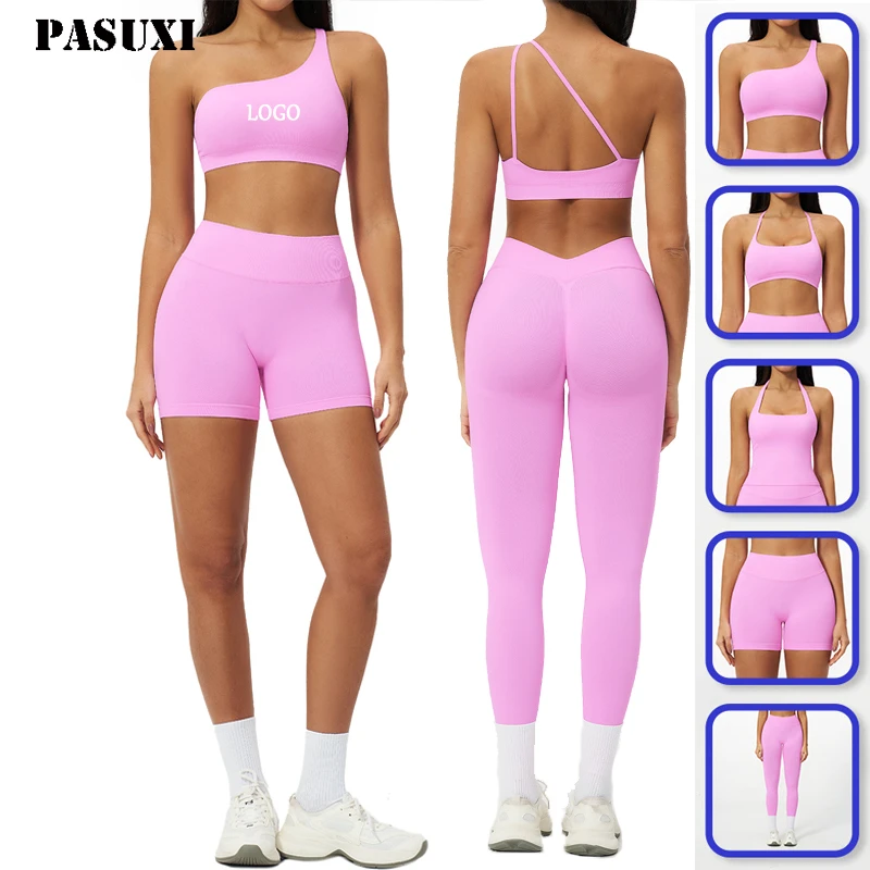 PASUXI Solid 4-Piece Yoga Sports Set Womens High Waist Leggings Yoga Bra Gym Suit Spandex Nylon Four-Way Stretch Fitness Wear