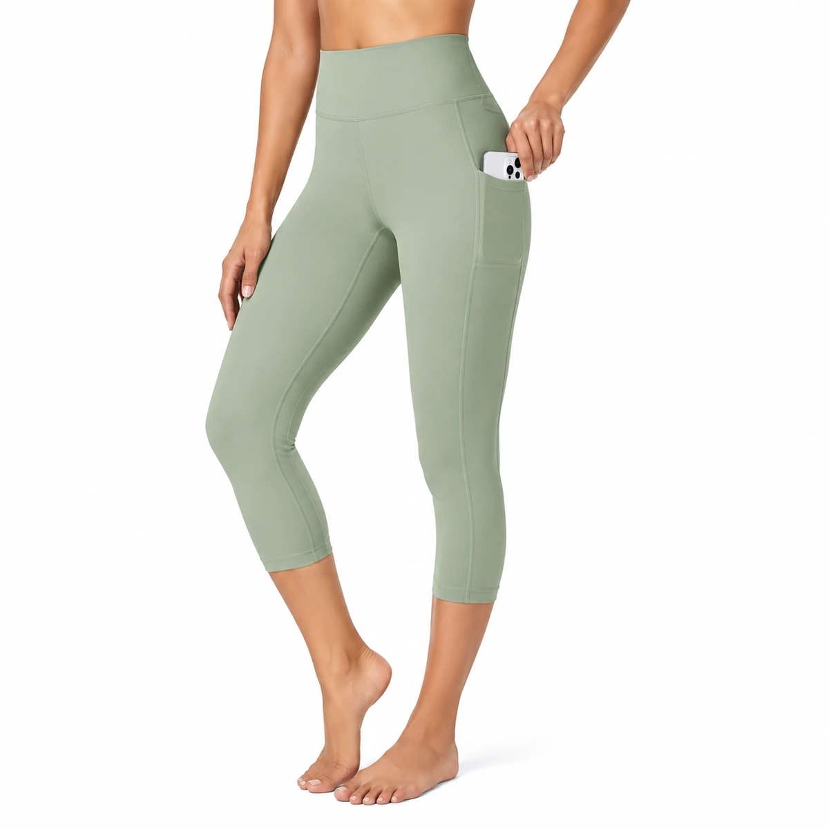 High Waisted Seamless Yoga Leggings Calf-Length Solid Green With Pockets Four-Way Stretch Elastic Waist Women's Workout Pants