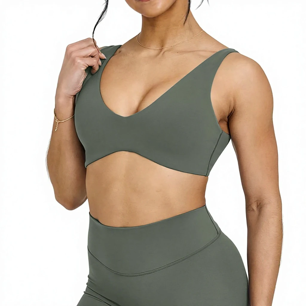 Custom Activewear Manufacturers Breathable Yoga High Quality Spandex/Nylon Medium Support V-neck Sportswear Fabric Sports Bra