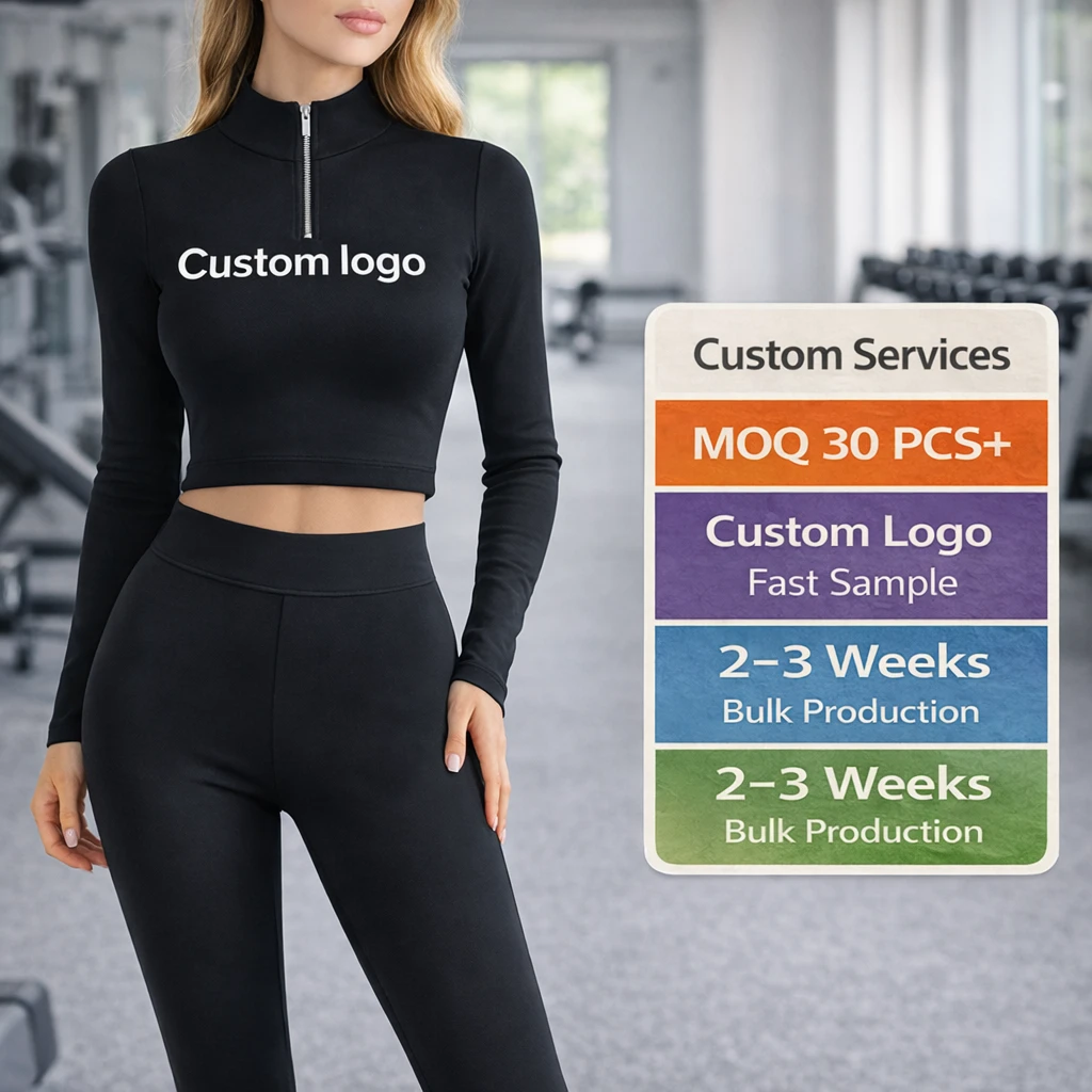 Solid Women Slim Fit Eco-Friendly Breathable Long Sleeve Zip Crop Top High Waist Leggings Yoga Set Two Piece Activewear Elastic