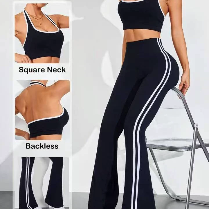 Women's Seamless Sportswear Set Color Contrast Halter Fitness Bra Flared Pants Push Leggings Breathable Yoga Activewear Solid