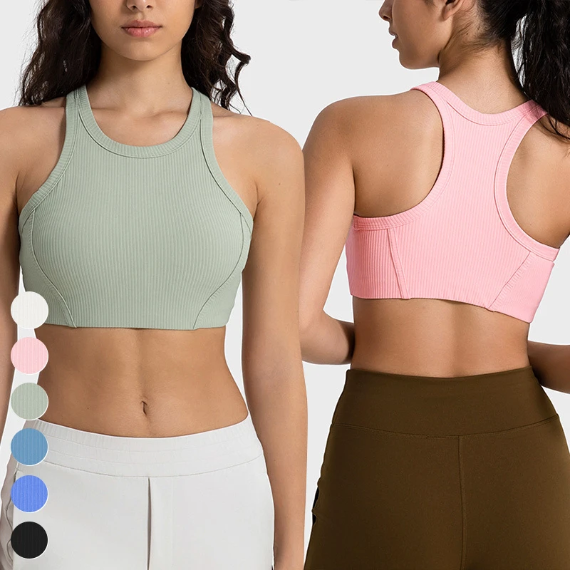 High Support Ribbed Racer Back Sports Bra Women Custom Activewear High Neck Shockproof Bras Gym Fitness Yoga Breathable Running
