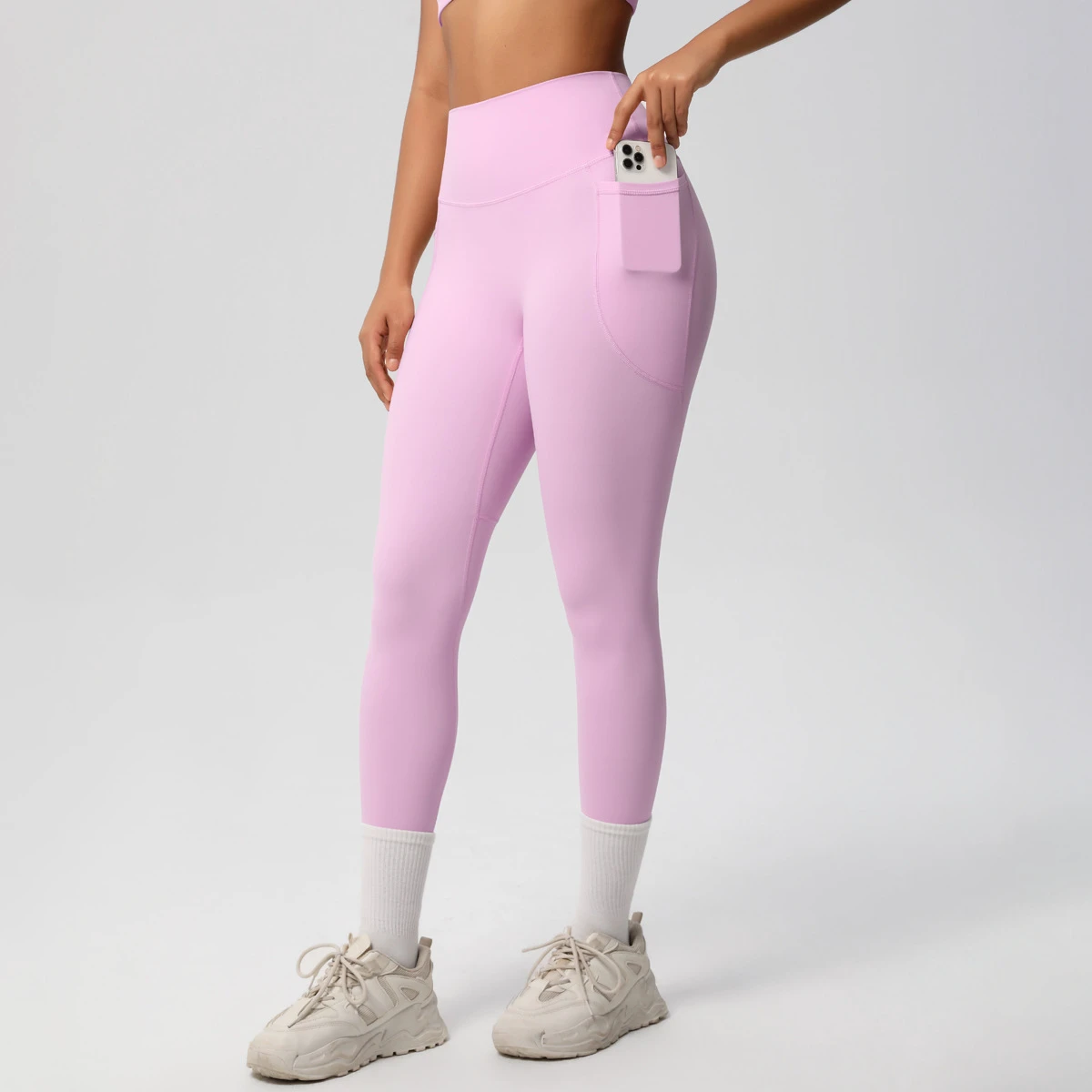 Double-Sided Brushed Spandex/Nylon High-Waisted High-Elastic Breathable Wrinkle-Resistant Full-Length Sport Leggings With Pocket