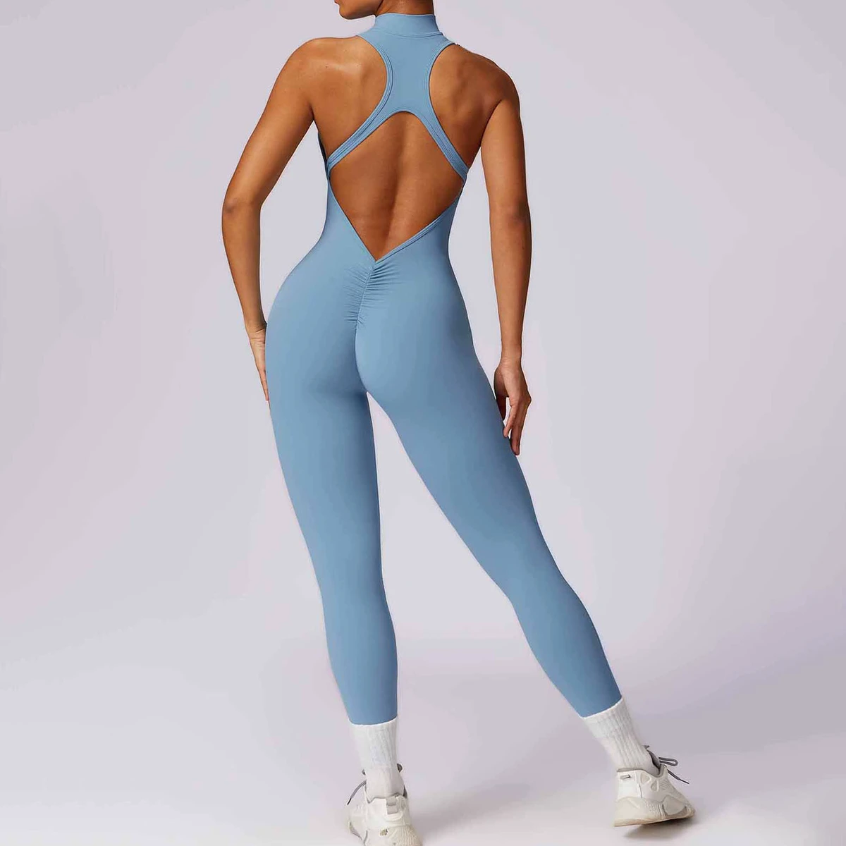 Hot Sales Women's Sleeveless Back Hollowed Front Zipper Yoga Bodysuit Fast Dry Scrunch Butt Gym Jumpsuit 2025