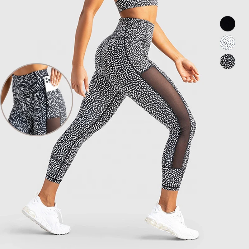 Women High Waist Side Mesh Tight Fitness Yoga Pants With Pockets Dot Leopard Print Quick Dry Outdoor Workout Exercise Leggings