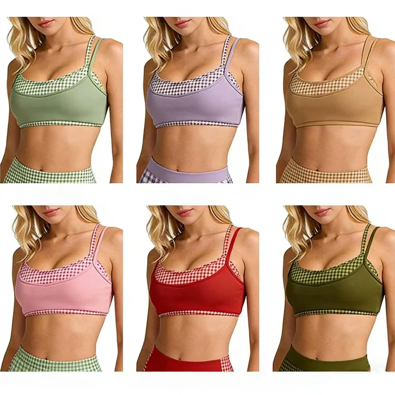 Checkered Detail Scoop Neck Sports Crop Tops Gym Workout Top Two-Tone Plaid Sports Bras Women Soft Stretchy Fitness Yoga Bra