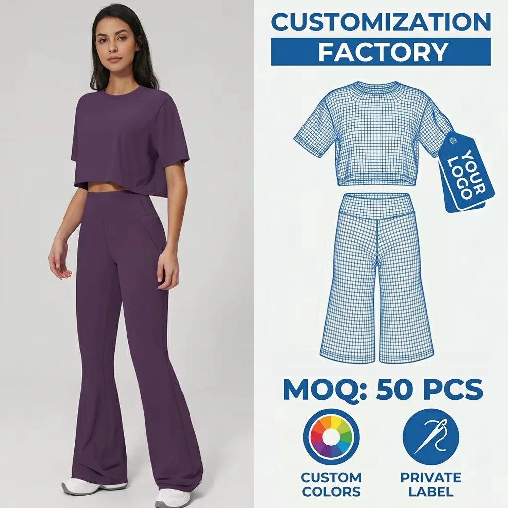 Custom Private Label Loose Fit Short Sleeve Crop T-shirt High Waist Flare Pants Set 2 Piece Relaxed Yoga Workout Wear For Women