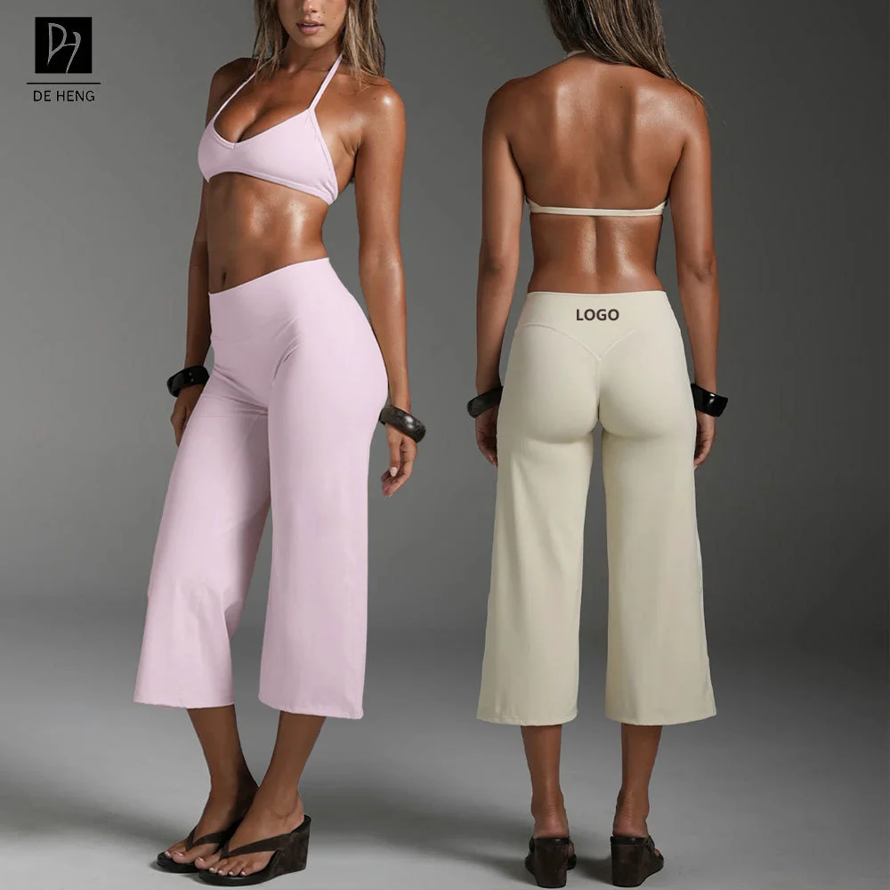 New Custom Halter Neck Backless Sports Bra High Waist Wide Leg Capri Pants 2 Piece Butt Lifting Quick Dry Women Yoga Set
