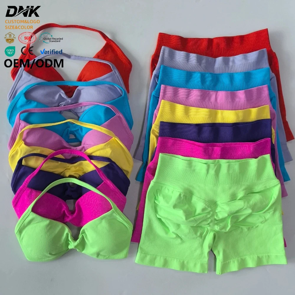 LVD416 2PCS Gym Set Women Strappy Yoga Bra Top High Waist Workout Scrunch Shorts Sports Suit Seamless Yoga Set Fitness Clothes