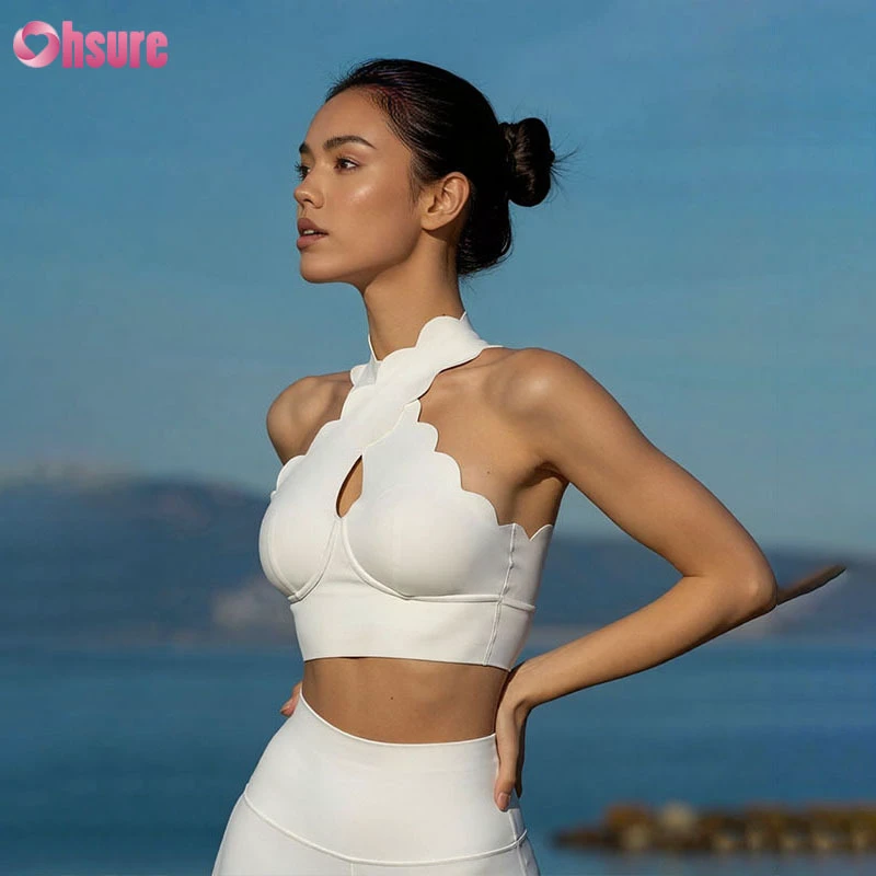 Custom Women Yoga Set High Waist Leggings Cross Front Sports Bra Cut Out Scalloped Edge Medium Support 4 Way Stretch Solid
