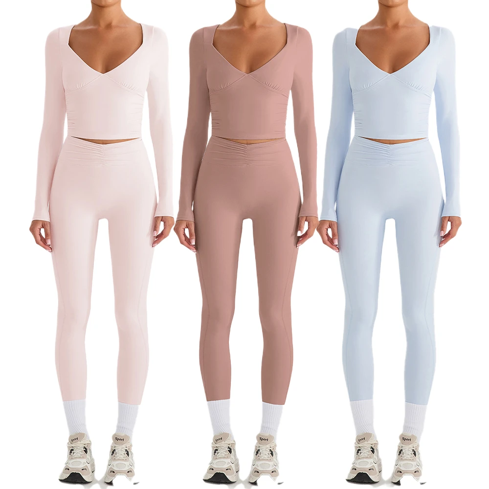 Women's Autumn Fashionable Sports Set with Wrinkle Sports Top and High Waist Pants Two Piece Fashion Yoga Set