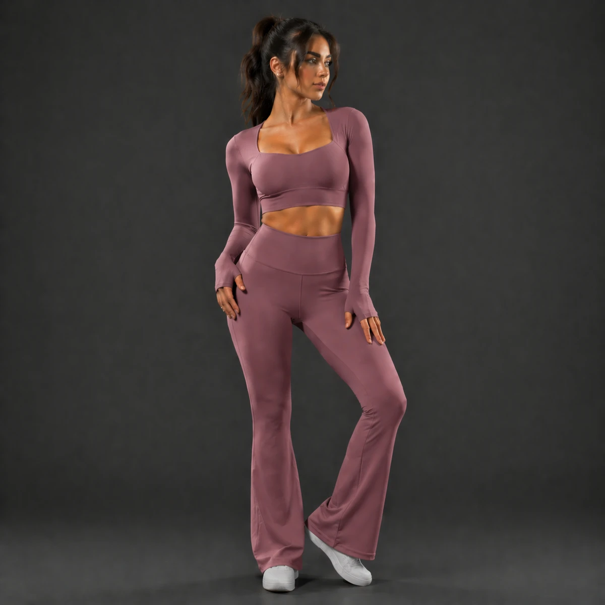 Women's 2-Piece Breathable Yoga Set High Waist Four-Way Stretch Leggings with Long Sleeve Crop Top for Gym & Fitness