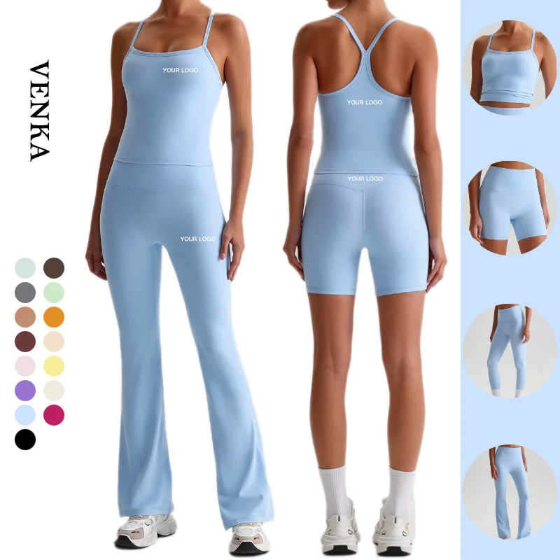 Factory Custom Sportswear Women Sports Gym Wear Tights Crop Top High Waist Shorts Leggings Flared Ladies Workout Yoga Set