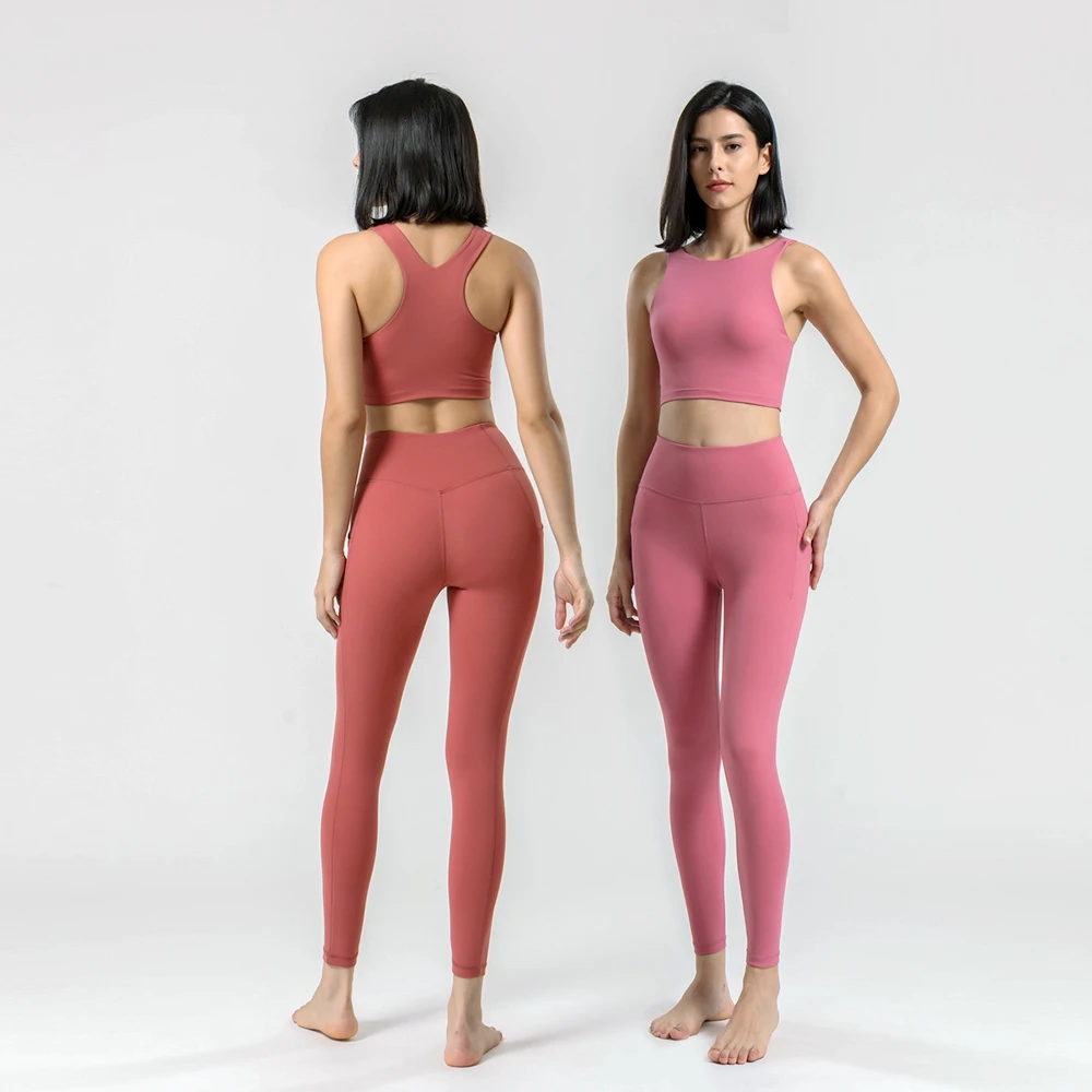 Women Buttery Soft Polyamide Yoga Set Comfy High Impact Crop Tank Top High Waist Legging With Side Pockets Gym Fitness Set