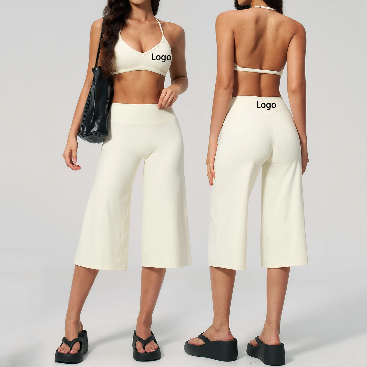 Custom Logo Shockproof Yoga Sets Fitness Women High Waist High Stretch Nude Feel Soft Luxury Wide Leg Gym Set Women Solid Color