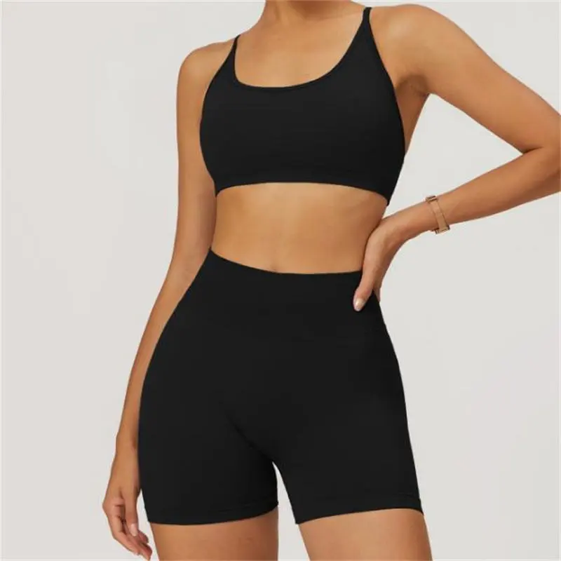 Seamless Women Solid Front Logo Fitness Set Scrunch Shorts U Neck Sports Bra Stretch Fabric Gym Running Yoga Workout Activewear