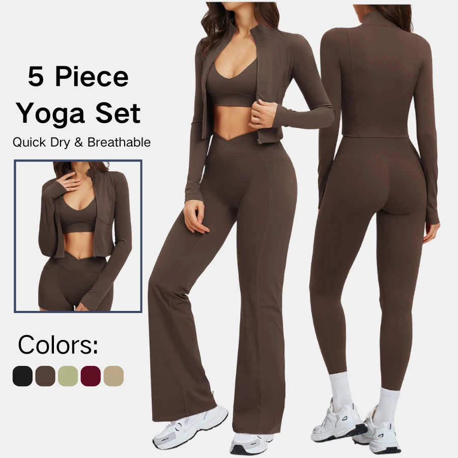 Womens 5 Piece Yoga Set Full Zip Jacket Halter Sports Bra Cross Waist Shorts Pocket Leggings Flare Pants Gym Athleisure Outfit