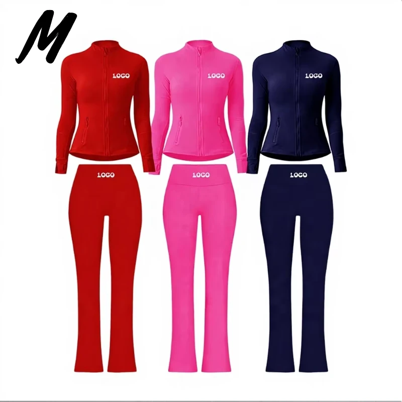Tummy Control Women Tracksuit Set 2 Piece Zipper Body Curve Sweatshirt Jacket and Flared Leggings Yoga Set for Women Tall Girl