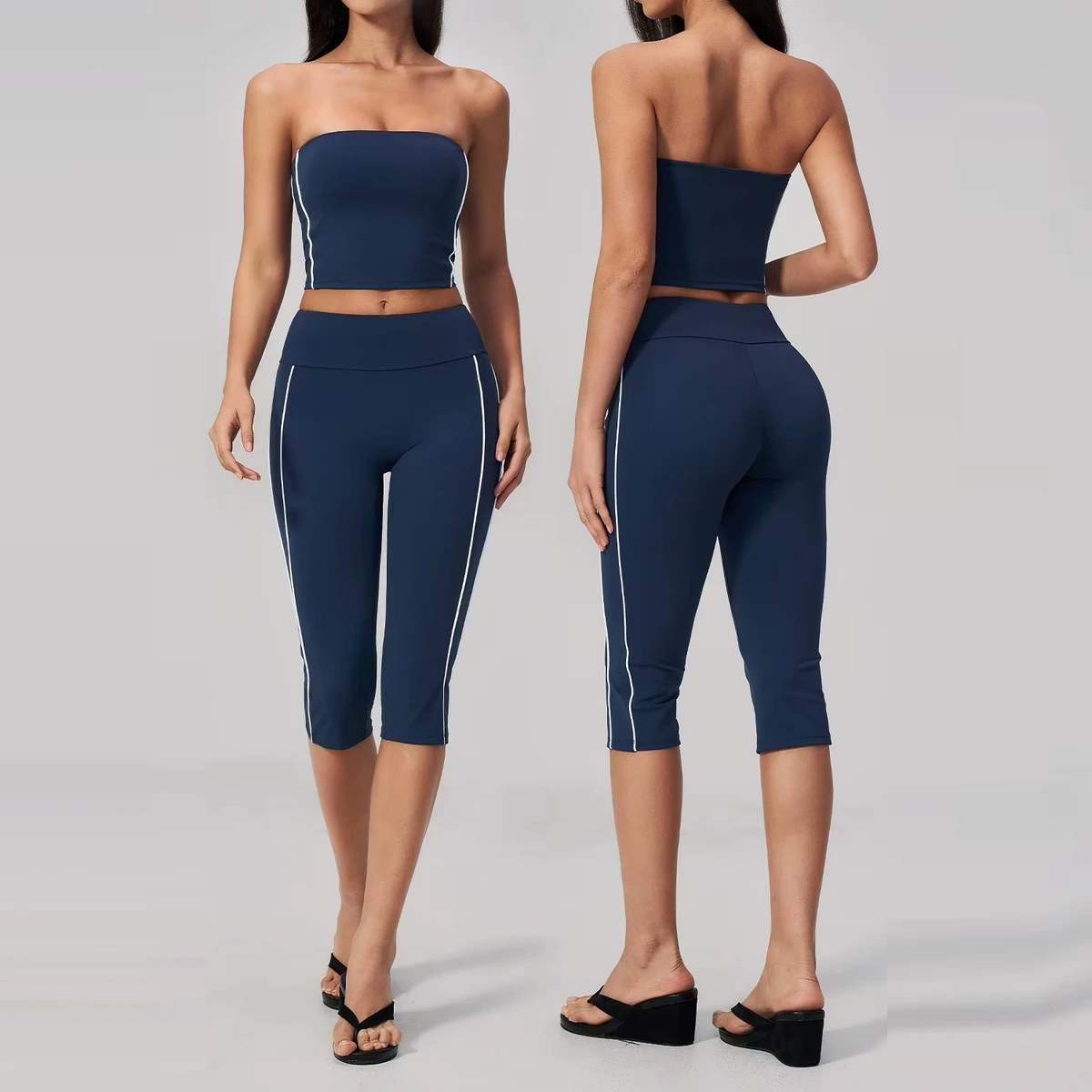 TongJoes Cross-border Strapless Yoga Suit Women's Scrub Collision Belt Chest Pad Beauty Back Fitness Sweat-Wicking 2-Piece Set