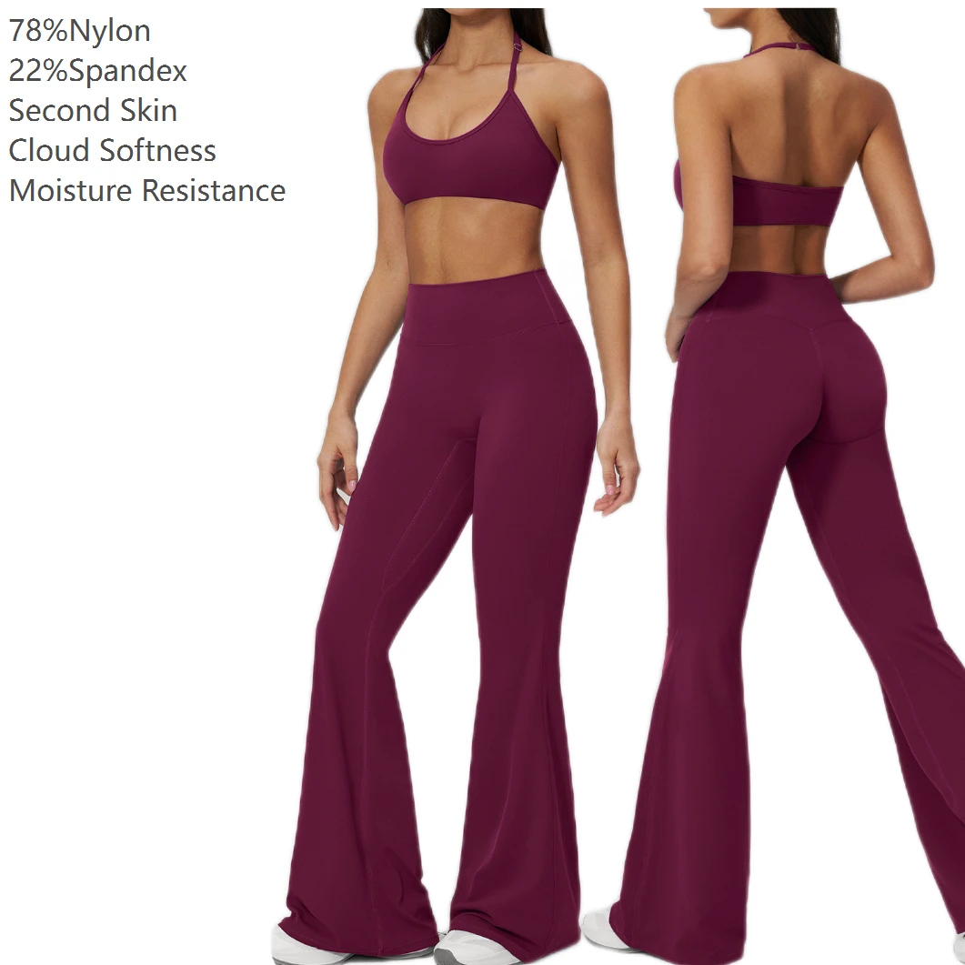Gym Workout Yoga Fitness Wear Women Set Two Piece Adjustable Strap Nylon Flared Track Pants Activewear Ropa Deportiva Mujer