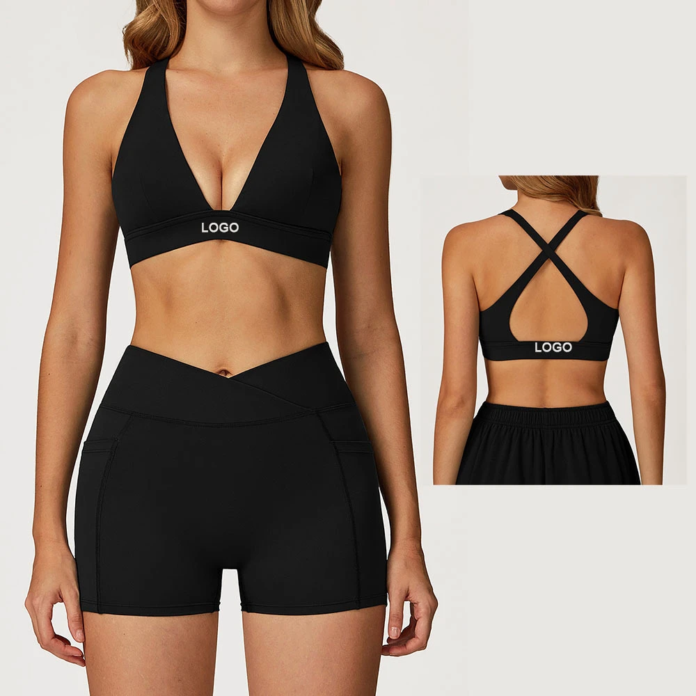 Custom New Design Yoga Fitness Sport Bra High Support Breathable Lightweight Deep V-Neck Crisscross Straps Running Bra For Women